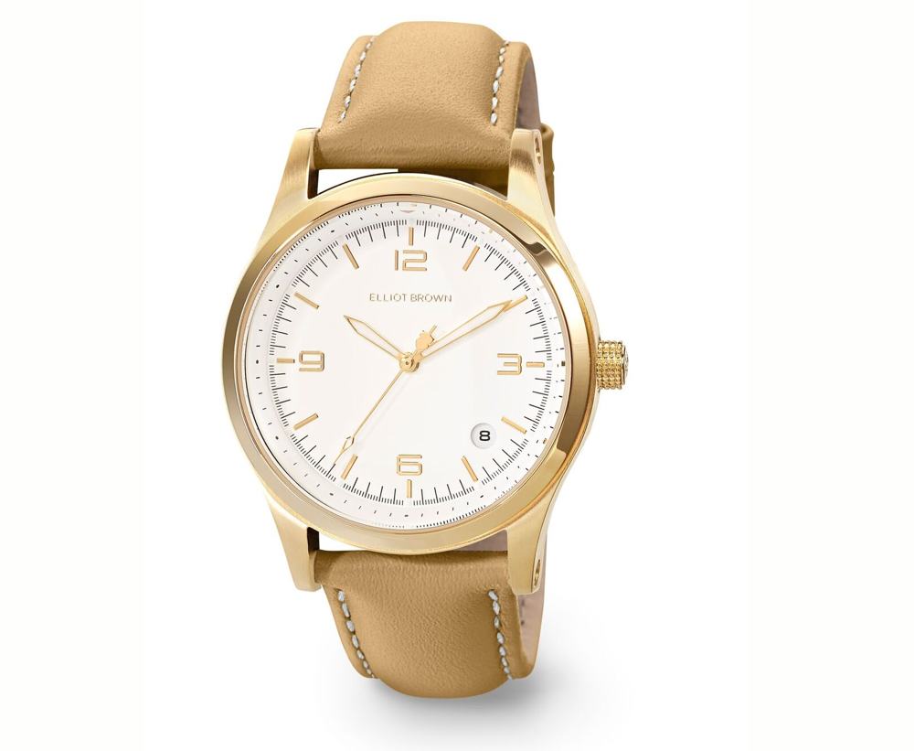 Elliot Brown’s Kimmeridge female collection is typical of their relentless attention to every detail.

A gorgeous 38mm brushed and polished gold PVD case hides a Swiss quartz movement that will work and look great for years. The beauty of these watches is that they are built so well you never need to give them a second thought.

The crisp white dial and soft caramel leather with white stitch work beautifully with any outfit yet will also out perform any watch when the going gets tough.