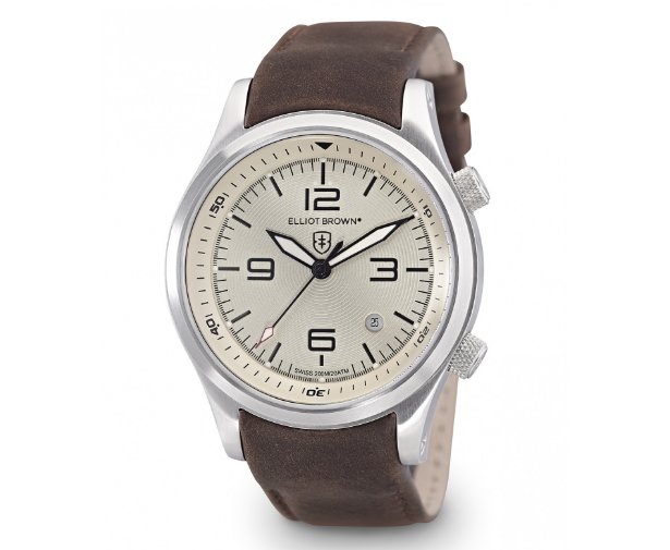 Matt brown 'pull-up' leather contrasts perfectly to cool down the warm metallic ivory textured dial, and grey-gold chrome hour markers. A red-tipped seconds hand adds a little pop of colour inside the brushed steel casing.

These premium leather straps are produced in small batches and over time, the matt nap will develop into a smooth sheen like an old leather belt. The straps are shaped to fit the case perfectly, with a single-fold brushed deployant buckle that clicks closed to the right size every time, with our luminous shield machined into it.