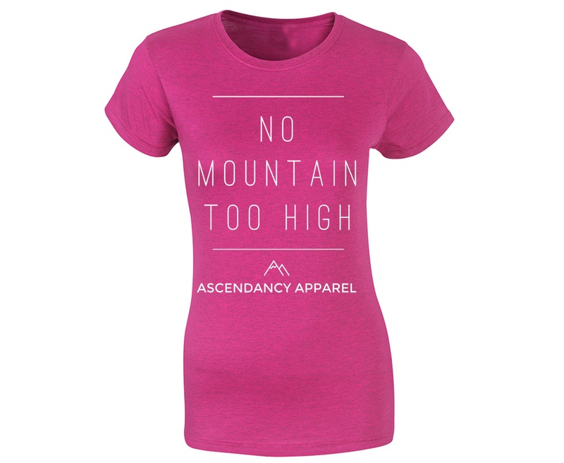 The original Ascendancy Apparel 'No Mountain Too High' Tee, in a womens fit.

Colours:

 	Sport Grey
 	Black
 	White
 	Heather Purple
 	Pink


Sizes:

S | M | L | XL | 2XL