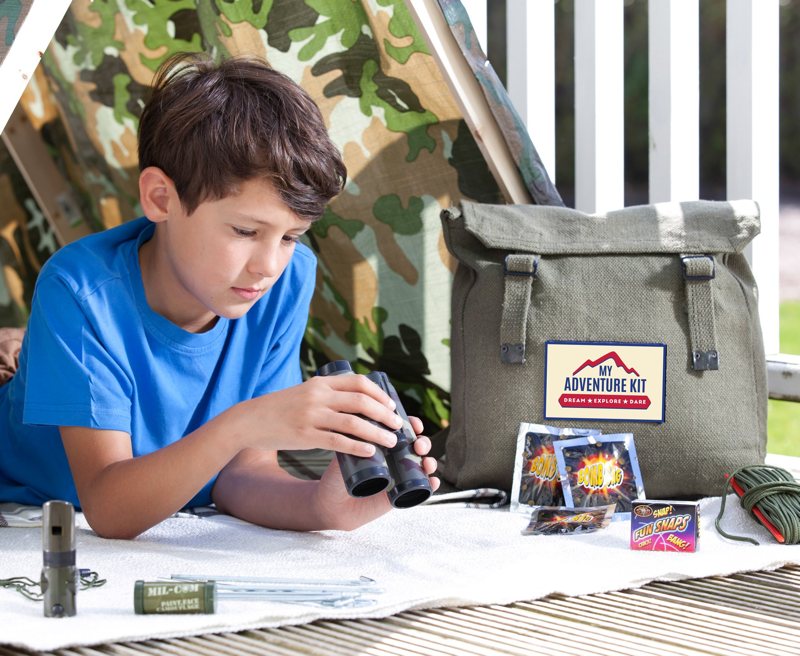 The Kit for Heroes Den Kit is one of our most popular presents. The perfect kit for the young adventurer, promises hours of fun. Packed in the tough canvas backpack, it is all ready for your little explorer to start their adventures.

Includes: 7 in 1 Whistle, Medium Olive Canvas Rucksack, Camouflage Cream, Camouflage Tarp, Water Bombs x 3, Fun Snaps, My First Binoculars x 4 magnification, Paracord, Steel Tent Pegs x 8, Sturdy Mallet.

Instructions: a handy guide to erecting a simple den, though there are no rules!