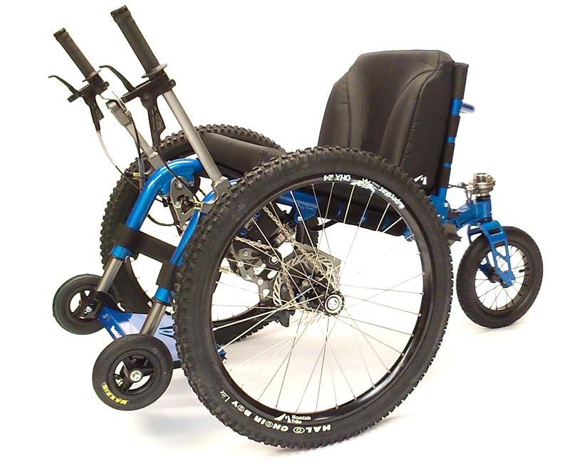 The flagship all terrain Mountain Trike has a unique lever drive system which allows the user to independently propel, steer and apply the hydraulic brakes whilst maintaining clean, dry hands in all weathers. Direct steering is applied by turning a joystick located on one of the drive levers and each drive lever independently propels one of the main wheels.  A third wheel at the rear of the chair offers stability, hydraulic brakes give all weather control and 3 independent shock absorbers offer comfort and safety over rough and uneven ground.

Many features can be customised - the frame is adjustable, the footrest can be raised or lowered and the seat back comes in various sizes allowing for maximum fit. The frame can be personalised from a wide range of colour choices and a number of compatible accessories are also available.  As well as an eKit which can convert the Mountain Trike into the eTrike.