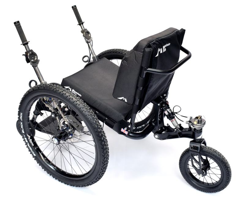 The MT Evo has been adapted for users with limited hand function and was developed with close feedback from tetraplegics, quadriplegics and various people with limited hand function.  It provides the same excellent off road performance to that of the Mountain Trike, but with simpler controls - a simple pivoting handle operates the disc brakes by moving your arm inwards and it is recommended use with Active Hands gripping aid meaning the system requires no finger function to operate. Ergonomic loops give an easy to use method of drive engagement. It allows users to have the confidence in their ability to fully control the braking, steering and pushing of the MT Evo no matter what terrain you tackle.