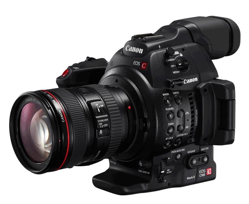 The Canon C100 Mark II is a new addition to Canon’s range of Cinema EOS cameras, offering unparalleled creative options. The C100 II offers a comprehensively upgraded package, delivering improved image quality and greater creative flexibility alongside easier operation and wireless sharing capabilities.

 	Super 35mm format 8.3 MP CMOS sensor & 4 Image Processor
 	Dual Pixel CMOS Autofocus as standard
 	Improved and re-designed OLED monitor and Colour Viewfinder
 	ISO range of 320 – 102,400
 	28 Mbps (MAX) ACVHD MPEG-4 H.264 recording.
 	Stereo microphones built in to detachable handle, PRO XLR connectors included & built in microphone on camera body
 	Wide Dynamic Range (Wide DR) Gamma setting
 	2 x SD memory card slots
 	Same 2k RGB processing as found in the C500