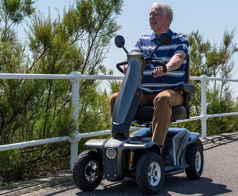 The larger yet streamlined 8mph Ibex is a highly versatile scooter ideal for town and country. Its contemporary, sleek looks appeal to young and mature users and includes impressive features such as an adjustable orthopaedic seat and adjustable tiller with USB socket. This quality scooter encompasses advanced suspension developed in the motorcycle industry so assured stability and control is delivered when tackling more challenging terrain.
As with all TGA scooters the Ibex includes several safety features to ensure confident and controlled mobility. Its bright LED head and brake lights deliver superb visibility and its responsive tiller encompasses a clear and easy-to-understand control panel.