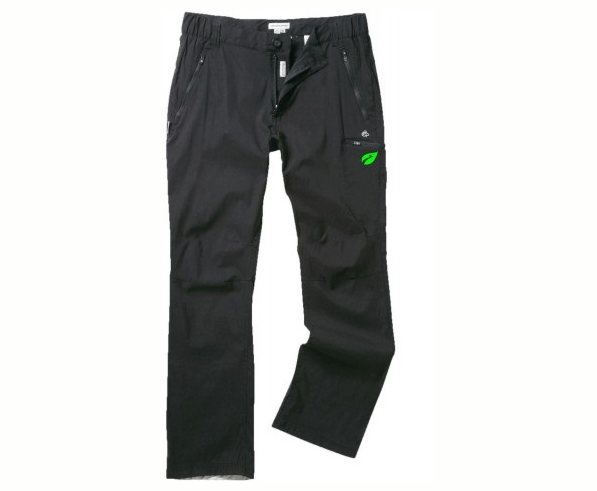 The Outdoor Guide Craghopper Trousers

 	AquaDry membrane polyester with polyester elastane mesh lining
 	3 zipped pockets, part elasticated waist at sides, velcro fastening hem adjusters, knee darts, heel tape.
 	Craghoppers branded product.
 	Printed with left pocket logo