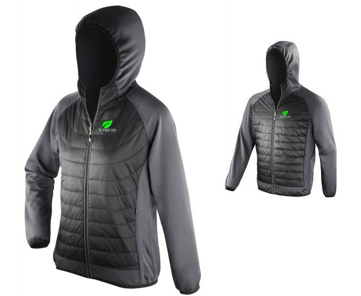 The Outdoor Guide Zero Gravity Jacket

 	Hood and Arms: 92% Polyester 8% Elastane
 	Body: 100% Nylon
 	Filling: Faux down polyester
 	Lining: 100% nylon
 	Printed with left breast logo