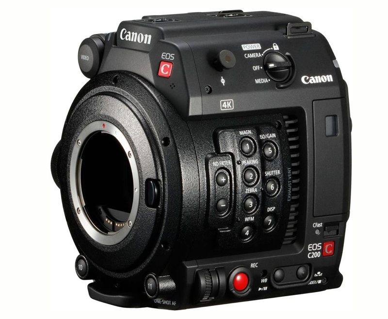 Offering RAW video recording in 4K as well as advanced AF technologies inherited from their EOS range of DSLRs, the C200 is a compact broadcast camcorder capable of exceptional video capture.

 	4K Digital Cinema Camera compatible with Canon EF-mount lenses
 	Super 35mm CMOS sensor
 	Dual DIGIC DV6 Image processors
 	Shoots in RAW using 'Cinema RAW Light' format
 	4K Ultra High Definition capture at 50p, 4K DCI RAW at 50p (requires CFast Card)
 	Crop-free 120fps High Frame Rate continuous capture in Full HD
 	ISO Range of 100 - 102,400
 	Dual-Pixel CMOS AF for smooth focus tracking
 	4-inch Touchscreen LCD for Touch AF
 	Built in ND filters up to 10 stops
 	1 x CFast 2.0 Slot, 1 x SD Card slot
 	Built in Wi-Fi, Ethernet for internet connectivity
 	XLR & SDI connections for broadcast audio and video connectivity