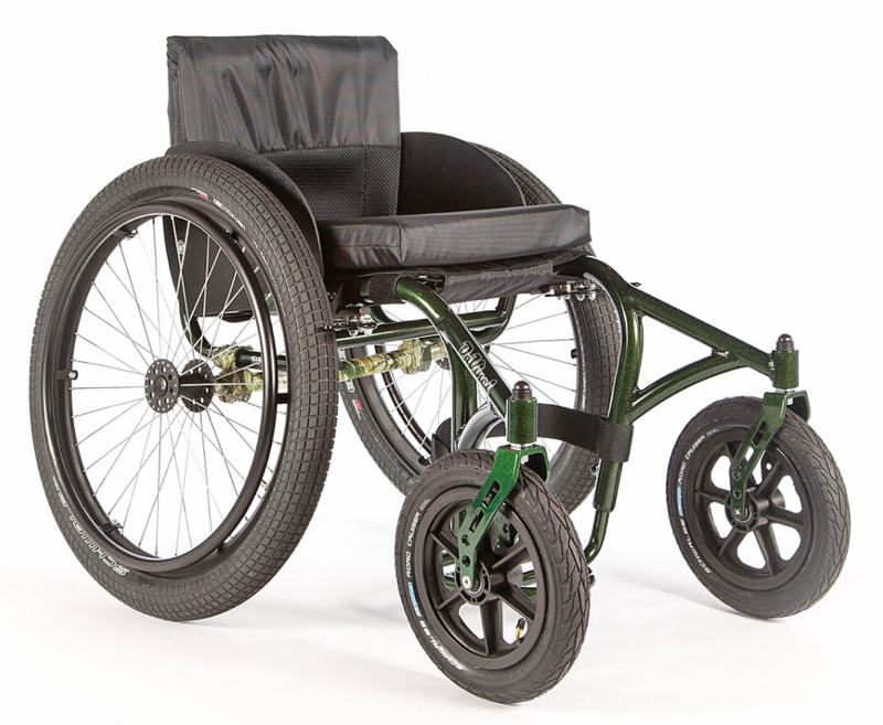 Purpose-built, 0ff-road wheelchair frame with stability and durability in mind.
The frame is made from thin wall aluminium tubing but with extra bracing which gives it strength and keeps the lightness required to travel over the more challenging terrain.
The extra bracing provides strength and the large 12” front and 24” rear mountain bike wheels have  the ability to glide along rough paths and tracks with ease. The frame shape allows the fitting of most powered and none-powered hand-crank cycles, powered front wheel attachments, powered rear wheel sets.