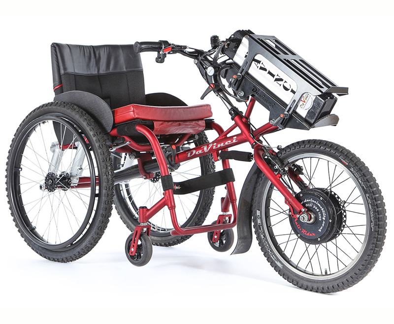 The DaVinci TrailRider electric powered front wheel attachment fits most rigid-frame wheelchair and some folding frames (please call to discuss options).
500watt high-power gear drive motor with high-power programmable 9fet controller.
The distance travelled depends on a number of factors: Speed, weight of rider, terrain, temperature. However, generally an 80kg rider on reasonably flat terrain at about 10 to 12 mph could get up to 20 miles on a 10ah 36volt battery.