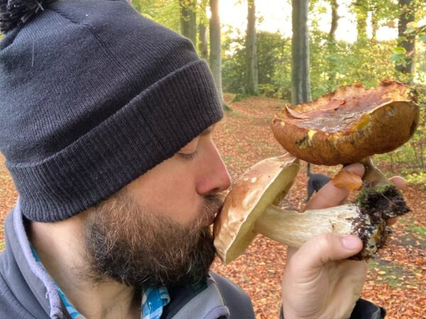 Wild Mushroom Foraging. Jim from ForageBox smells two very large mushrooms.